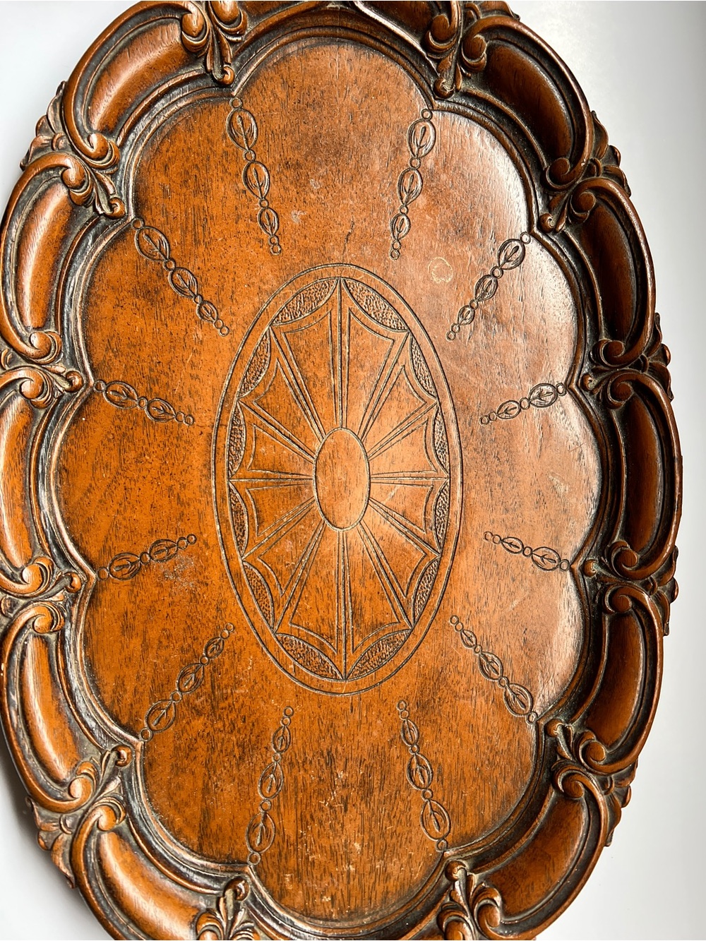 Carved Dura Wood Decorative Tray in Brown & Blue